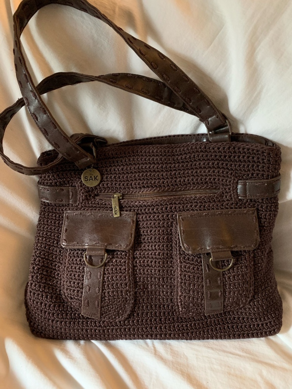 The Sak dark brown crochet double strap shoulder bag/purse